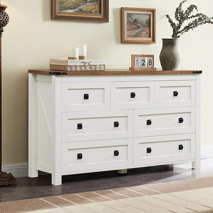 T4TREAM Farmhouse 7 Drawers Dresser Wood Rustic Tv Stand, Storage Organizer for Bedroom, Living Room,Hallway, Antique White