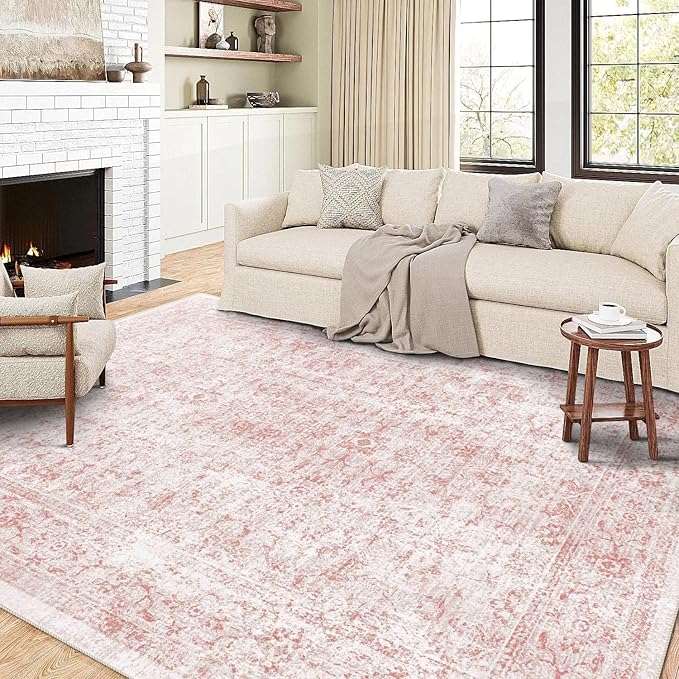 vivorug 5x7 Area Rugs - Ultra-Thin Washable Rug with Non-Slip Backing, Ideal for Living Room, Bedroom, Dining Room Indoor - Vintage, Easy Clean, Durable, Low Pile Rug Pink