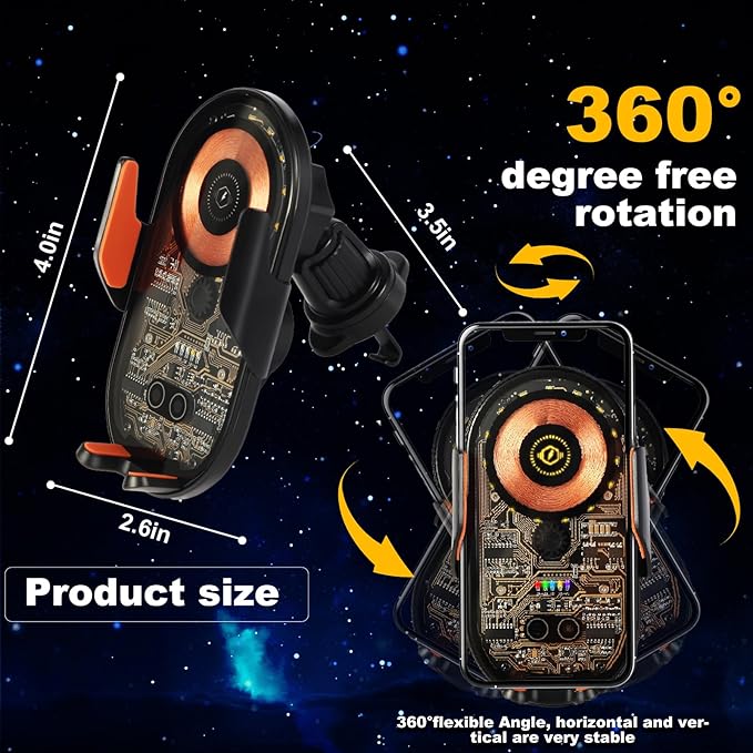 Car Phone Holder, Wireless Car Charger Air Vent Auto-Clamp Cell Phone Car Mount with Metal Hook Clip, 360° Rotation - One Button Release for iPhone, Samsung, Google, and All Other Smartphones