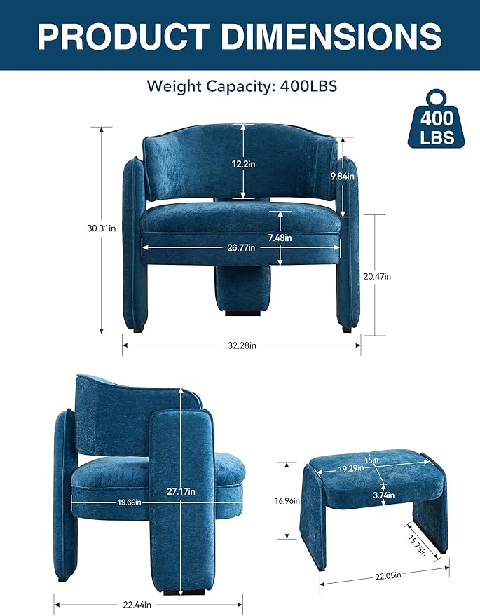 LOULENS Accent Chair with Ottoman, Oversized Barrel Chair, Modern Upholstered Comfy Armchair for Living Room, Bedroom, Reading Room & Corner, Blue