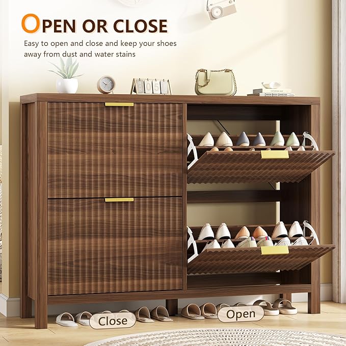 Shoe Cabinet Storage for Entryway, Fluted Shoe Cabinet with 4 Flip Drawers, Hidden Shoe Rack Freestanding Wooden Shoe Organizer with Legs for Hallway, Walnut