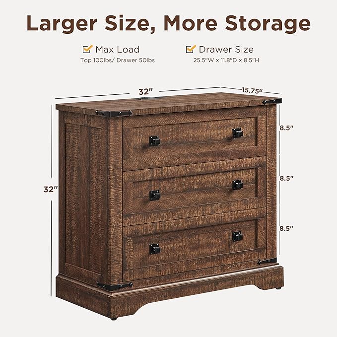 T4TREAM 32" Farmhouse Nightstand with Charging Station Set of 2, Large End Table with 3 Storage Drawers, Rustic Wood Bedside Table for Bedroom, Living Room, Reclaimed Barnwood Color