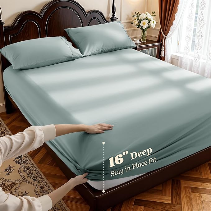 LBRO2M 1000 Thread Count 100% Egyptian Cotton Sheets Set Queen Size, 4 Piece Sets Bed Sheet Deep Pocket Sheet Set 16" Soft Comfortable All Season (Queen, Sage Green)