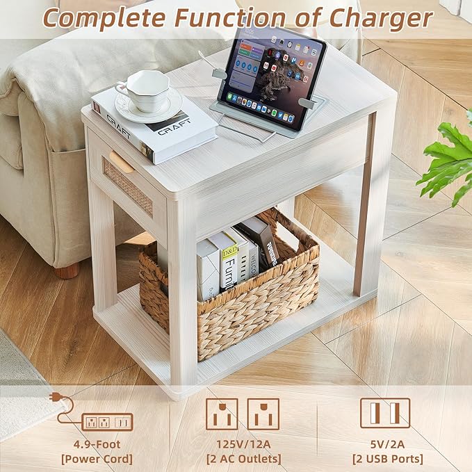 LEYAOYAO Narrow Side Table Set 2 with Charging Station,Rattan Night Stand with Drawer Storage,Natural Wood Bedside End Table with Metel Handle for Small Spaces,Boho Nightstand for Living Room Bedroom