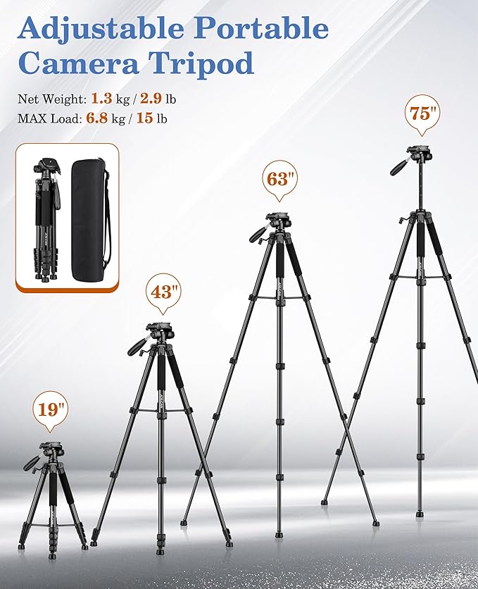 JOILCAN 75" Camera Tripod, Tripod for Camera Cell Phone, Aluminum Heavy Duty Tripods Stand, Tall Travel Tripods with Carry Bag Compatible with iPhone Canon Nikon DSLR Camera Laser Projector