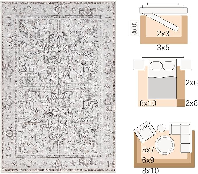 jinchan Lima 2x3 Entryway Washable Rug - Non-Slip Indoor Distressed Doormat Small Rug Low Pile Ultra-Thin Accent Floral Print Indoor Mat for Entrance Kitchen Bathroom Bedroom (2x3ft, Taupe)