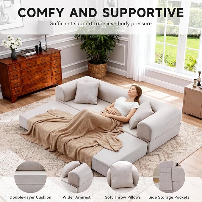78.5" Convertible Sleeper Sofa Bed, Faux Leather Folding Floor Sofa with Pullout Bed&2 Pillows, No Assembly Modern Boneless Couch Compression Sofa in Box with Storage Pocket for Living Room, Beige