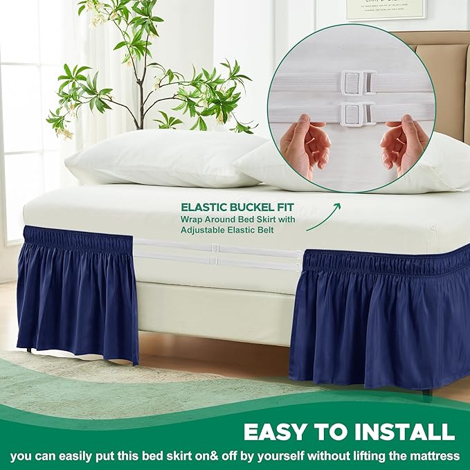 Biscaynebay Wrap Around Bed Skirts for Queen Size Beds 21 Inches Drop, Navy Adjustable Elastic Dust Ruffles Easy Fit Wrinkle Resistant Silky Luxurious Fabric Machine Washable