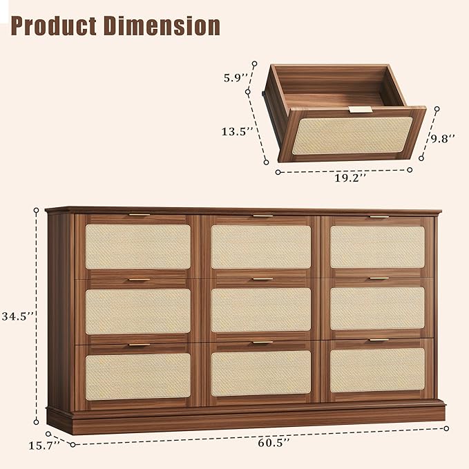 9 Drawer Dresser for Bedroom, 60 Inch Long Dressers & Rattan Chest of Drawers, Boho Style, Large TV Stand for 55, 65, 70 Inch TV, for Bedroom, Living Room, Entryway, Hallway, Walnut