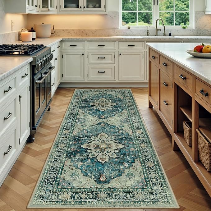 Area Rugs 3'x7' Washable Non-Slip, Floral Vintage Distress Print Pattern Medallion Carpet for Living Room Bedroom Dining Room, Dark Blue Vintage
