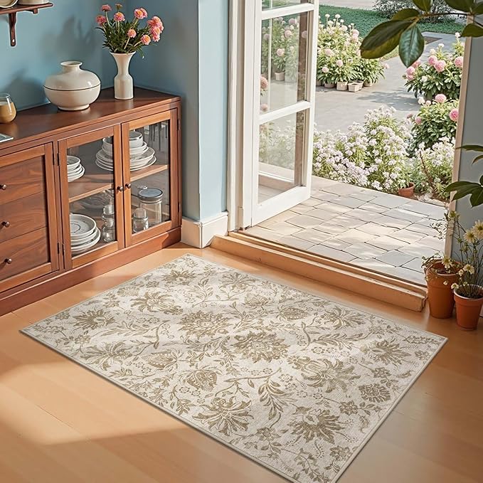 jinchan Torino 3x5 Area Rugs for Entryway, Vintage-Inspired Floral Neutral Design Washable Non-Slip Low-Pile Rug, Ultra-Thin Indoor Traditional Accent Carpet for Entrance Bedroom Hallway, Taupe