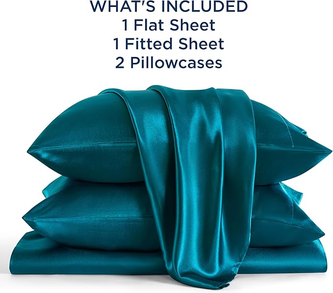 Bedsure Satin Sheets King Size - 4 Piece Silky Bedsheets with 15 Inches Deep Pocket Fitted Bedsheet,1 Flat Sheet, 2 Satin Pillowcases, Good for Hair & Skin (King, Teal)