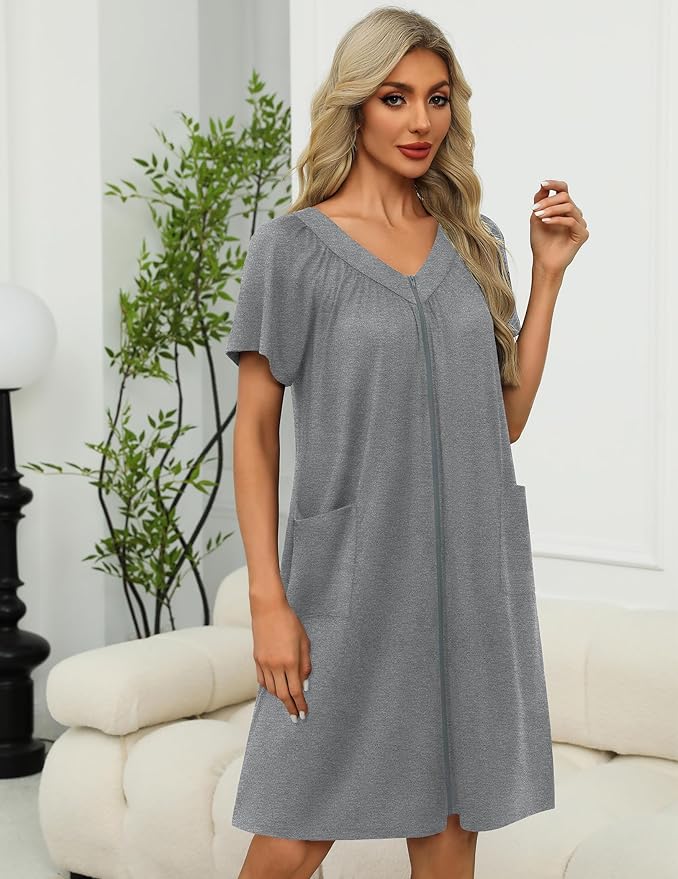 Ekouaer Women Robe Zipper Front Mumu Duster Robes Zip Up Housecoat Soft Sleepwear with Pockets S-3XL
