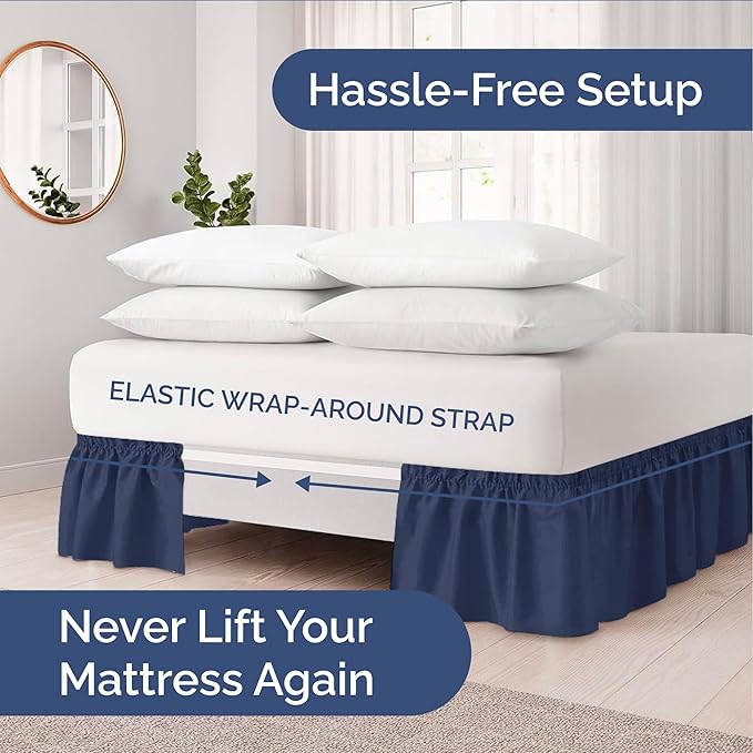 Wrap Around Dust Ruffle Bed Skirt - Navy Blue - for Full Size Beds with 18 Inch Drop - Elastic Strap - Adjustable Pleated Bedskirt with Brushed Fabric and Wrinkle Free - for Women, Men, Kids & Teens