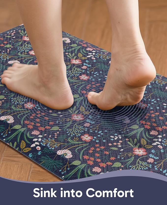 Ophanie Kitchen Mats for Floor, 3/4 inch Thick, 20x39 Anti Fatigue Cushioned Mat, Kitchen Rugs, Waterproof, Comfort Ergonomic Standing Mat for Office, Home, Sink, Blue Flower Non-Slip Ridged Bottom