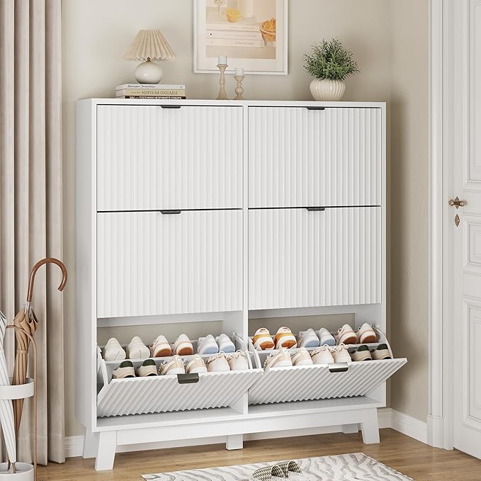Shoe Cabinet with 6 Flip Drawers, 54" Tall Narrow Fluted Shoe Storage Organizer for Entryway, Hidden Slim Wooden Shoe Rack Cabinet for Front Door Entrance, Hallway, Living Room, Solid White