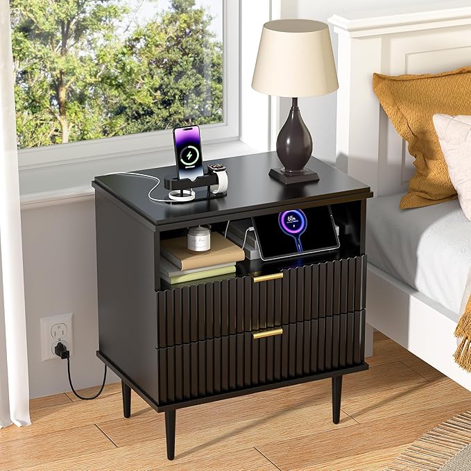 Modern Nightstand with Charging Station, 2-Drawer Fluted Wood Bedside Table with USB, Type-C & AC outlets, Open Storage. Perfect for Your Bedroom (Black, 23.3")