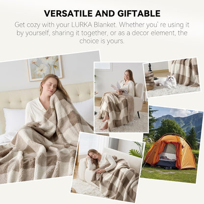 LURKA Checkered Sherpa Fleece Twin-Size Bed Blanket - Extra Thick and Warm Winter Soft Fuzzy Plush Blanket for Couches, Beds & Pets, Khaki, 60x80 Inches