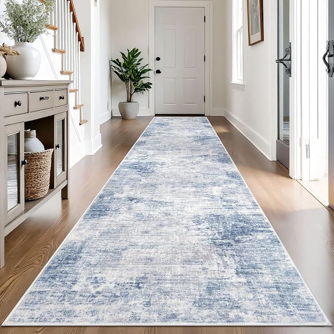 IOHOUZE Abstract Runner Rug 3x14 Ft Washable Runners for Hallways, Non Slip Kitchen Runner Printed Faux Wool Entryway Runner Indoor, Modern Abstract Floor Carpet for Hall Stair, Light Blue White