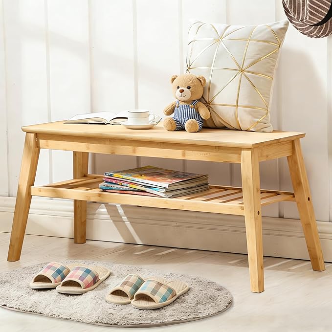 Nnewvante Bamboo Entryway Bench, 33.46" Indoor Storage Bench, Small Wood Benches for Living Room, Bedroom, Dining Room, Hallway, Outdoor Wooden Bench, Holds up to 300lbs