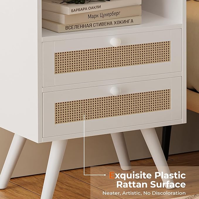 SUPERJARE 2 Drawer Night Stand with Charger Station, Boho Rattan Nightstand Set of 2, 25.2 Inch Tall Bed Side Table with Solid Wood Feet, End Table, Open Storage, Synthetic Rattan, for Dorm, White