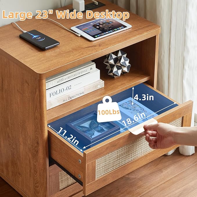 LEYAOYAO Rattan Dresser and Nightstand Set of 3, Boho Wood Dresser for Bedroom with 6 Drawers and Night Stand with Charging Station, Bedroom Furniture, Dressers & Chests of Drawers,Hallway,Living Room