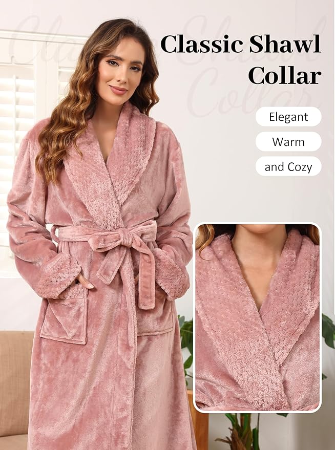 Artfasion Womens Long Fleece Robe - Warm Soft Floor Length Flannel Bathrobes for Winter Thicker Long House Coat with Pockets