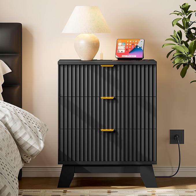30.5" Nightstand with Charging Station, 3-Drawer Fluted Bedroom Chest, Wood Bedside Dresser with Power Outlets and USB Ports, Metal Slides, Stable Base, Modern Storage Cabinet for Small Spaces