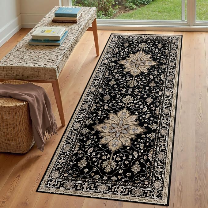 Area Rugs 3'x7' Washable Non-Slip, Floral Vintage Distress Print Pattern Medallion Carpet for Living Room Bedroom Dining Room, Black Brown Neutral Dark Tan