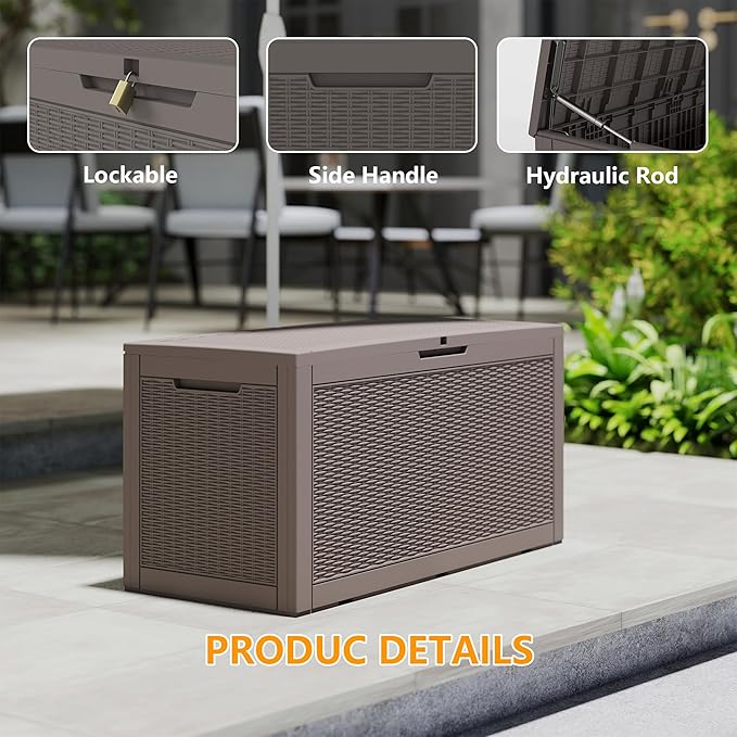 100 Gallon Outdoor Storage Box Waterproof, Resin Deck Boxes with Lockable Lid & UV-Resistant for Patio, Pool, Garden Furniture Cushions & Accessories, Coffee