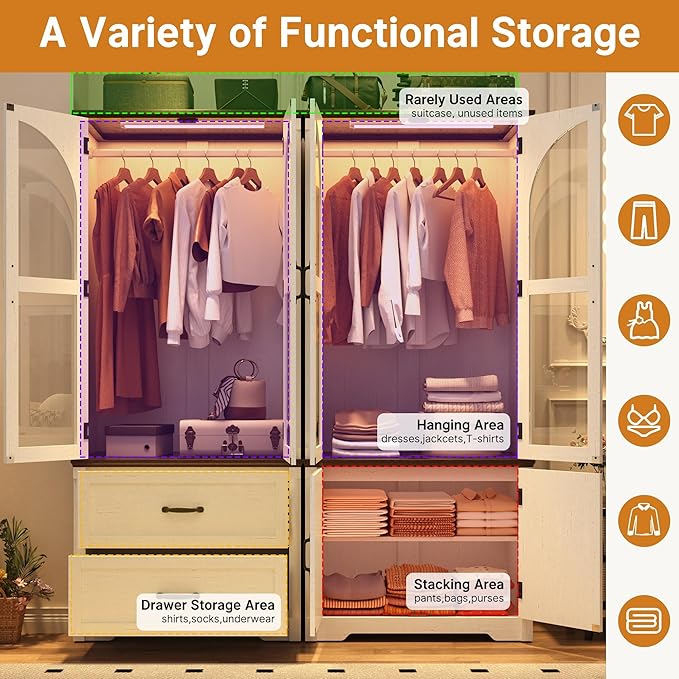 Tall Farmhouse 4 Doors Armoire Wardrobe Closet with LED ,72" Freestanding Arched Wardrobe Closet Cabinet for Bedroom w Glass Doors/Drawers,Wooden Clothing Storage Cabinet,Closets for Bedroom(Off Whit)