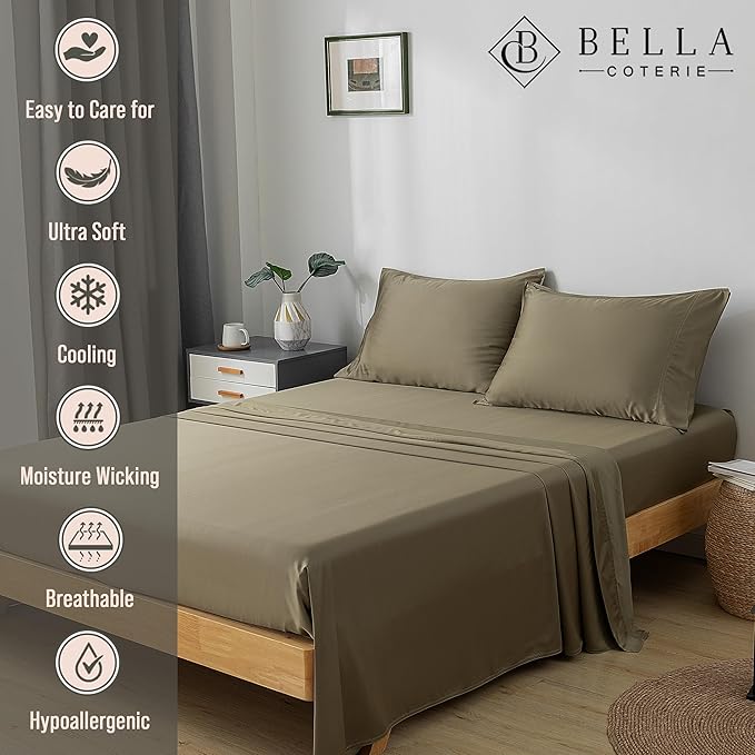 Bella Coterie Luxury Bamboo Viscose Full Size Sheet Set | 100% Organically Grown | Ultra Soft | Cooling for Hot Sleepers | 18" Deep Pocket [Olive]