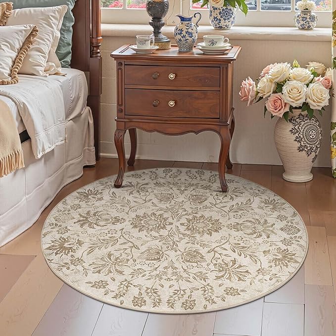 jinchan Torino Classic Floral Round Rug 5ft, Vintage-Inspired Neutral Design 5’Circle Rug, Machine Washable Ultra-Thin Low-Pile Non-Slip Indoor Carpet for Bedroom Living Room Entryway Taupe