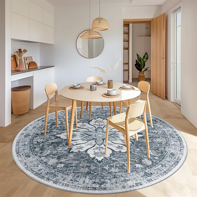 Area Rugs 7ft Washable Non-Slip, Floral Vintage Distress Print Pattern Medallion Carpet for Living Room Bedroom Dining Room, Light Gray Grey White