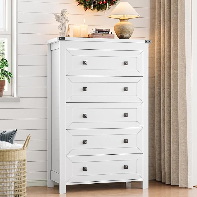 Dresser for Bedroom with 5 Drawers, Tall Wood Chest of Drawers, Modern Farmhouse Closet Clothes Organizer, Storage Tower Cabinet with Metal Handles for Hallway, Living Room, Entryway, White