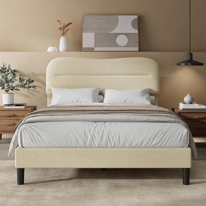 Full Size Bed Frame, Upholstered Cloud Bed Frame with Headboard, Teddy Soft Rounded Corners Boucle Fabric Bed Frame Full, Modern Style, Beige