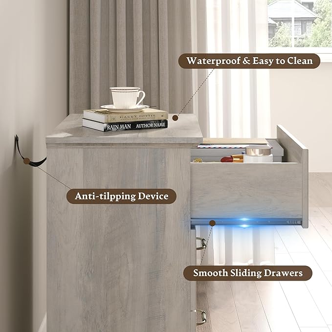 Farmhouse 3 Drawers Dresser for Bedroom, 24" Wide Modern Chest of Drawers with Deep Drawers & Bar Handles, Rustic Wood Nightstand, Wooden Closet Storage Organizer for Living Room, Hallway, Grey