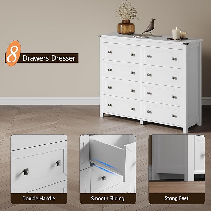 Dresser for Bedroom with 8 Drawers, Farmhouse Wood Chest of Drawers, Wide TV Stand Closet Storage Furniture with Metal Handle, Modern Clothes Organizer for Hallway, Living Room, Entryway, White