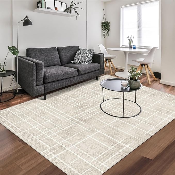 5x7 Area Rugs - Ultra-Thin Washable Rug with Non-Slip Backing, Ideal for Living Room, Bedroom, Kitchen Floor Beige Carpet - Modern Neutral Style, Easy Clean, Durable, Low Pile Rug