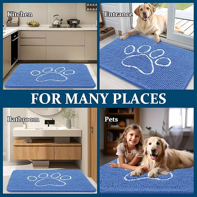 OLANLY Dog Door Mat for Muddy Paws 30x20, Paw Print Design, Absorbs Moisture and Dirt, Absorbent Non-Slip Washable Doormat, Quick Dry Chenille Mud Mat, Entry Indoor Entryway Carpet, Cornflower Blue