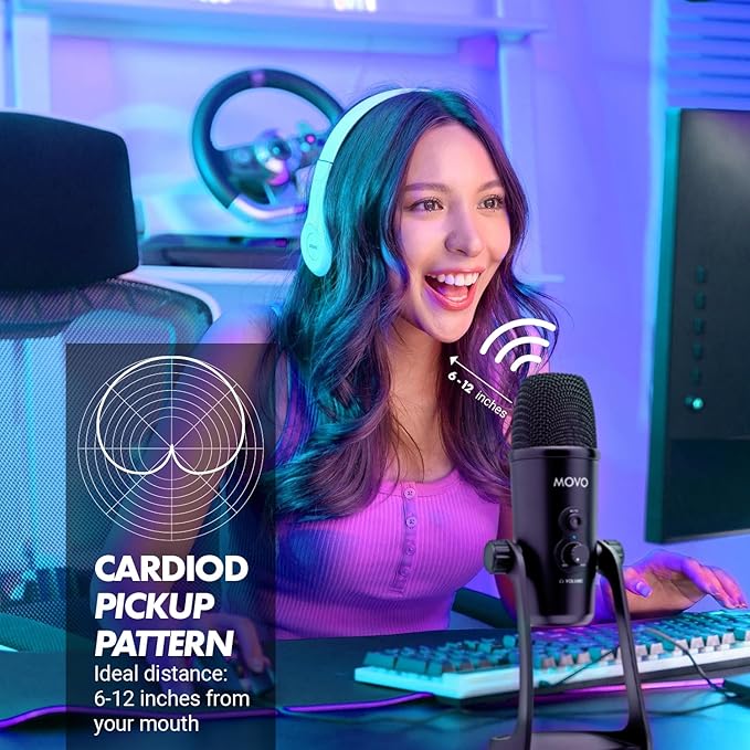 Movo UM700 Computer Condenser USB Gaming Mic with Adjustable Pickup Patterns - Microphone for PC, PS5, Podcasting, Streaming, ASMR