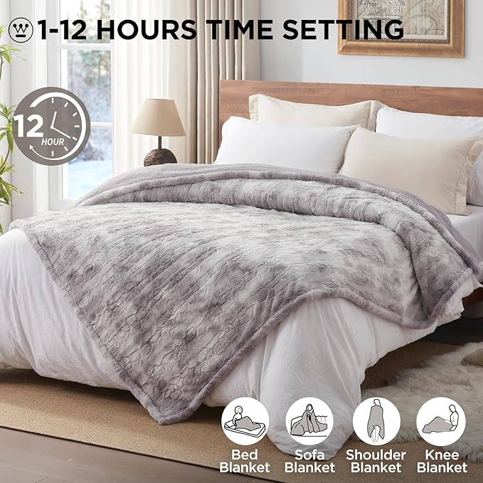 Westinghouse Electric Blanket Queen, Faux Fur Heated Blanket with 10 Heating Levels & 1-12 Hours Auto Off, Soft Cozy Sherpa Heated Blanket Washable Blanket (84" x 90" Queen Size, Light Grey)