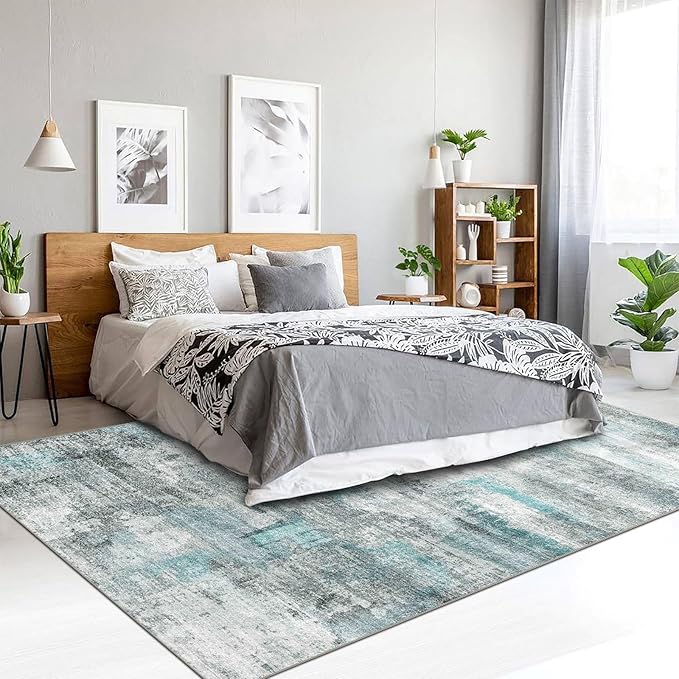 3x5 Rug, Small Area Rug for Living Room, Bedroom, Kitchen, Machine Washable Non-Slip Throw Rug, Modern Abstract Carpet for Entryway Nursery Coffee Table, Teal
