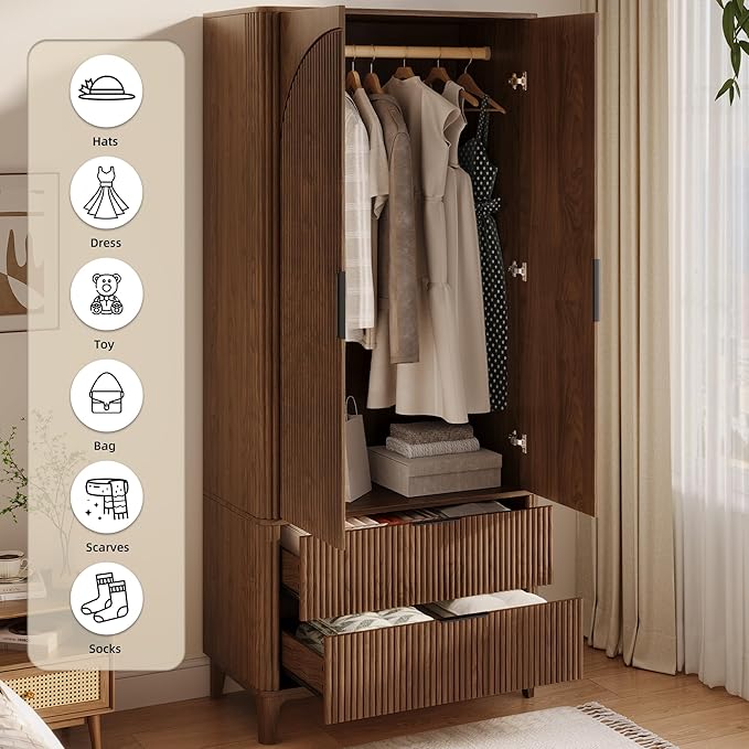 70.1" Arched Wooden Armoire Wardrobe Closet with 2 Doors and 2 Drawers, Fluted Bedroom Armoire with Hanging Rod Shelf, Clothing Storage Cabinet, Wardrobe Armoire Closet Cabinet for Bedroom
