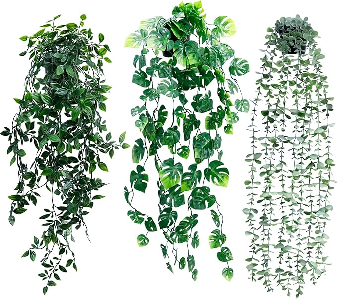 Artificial Hanging Plants for Shelf, 3-Pack Fake Potted Greenery Faux Mandala Monstera and Eucalyptus Vines in Black Pot, Décor for Office Living Room Bathroom Indoor Outdoor