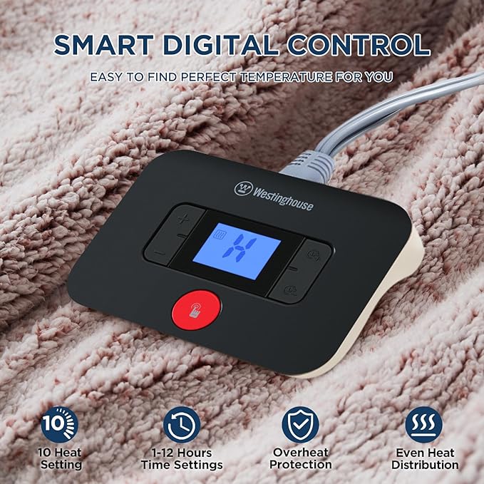 Westinghouse Electric Blanket Full Size, Soft Plush Sherpa Heated Blanket with 10 Heating Levels & 1-12 Hours Auto-Off, Machine Washable, 80x84 inches, Rust