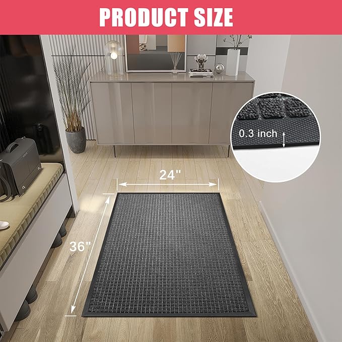 Kuyal Front Door Mat, 2'*3' Door Mat for Inside Outside Entrance,Waterproof Welcome Mats with Non-Slip Backing, Indoor Outdoor Entryway, Commercial Floor Mats, Durable & Easy to Clean, Dark Gray