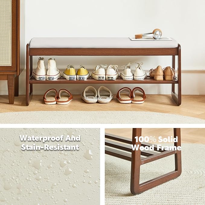 Solid Wood Shoe Bench, 2-Tier Wooden Storage Entryway Bench, Mid-Century Modern Shoe Bench Rack, End of Bed Bench with Faux Leather Cushion, Ottoman Bench for Hallway, Living Room (Cream Grey 39.7'')