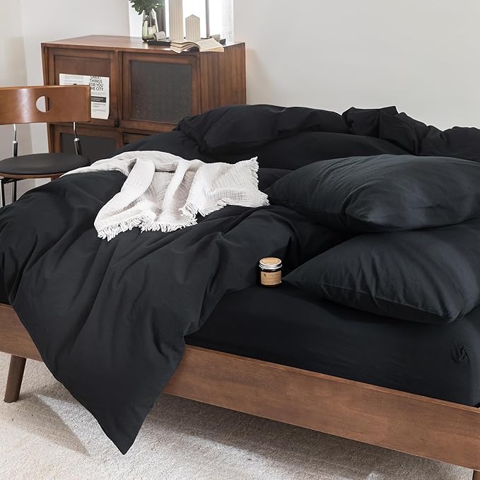 FOSSA Duvet Cover Set 100% Washed Cotton Linen Feel Super Soft Breathable Cozy 3 Pieces Bedding Sets Solid Black King