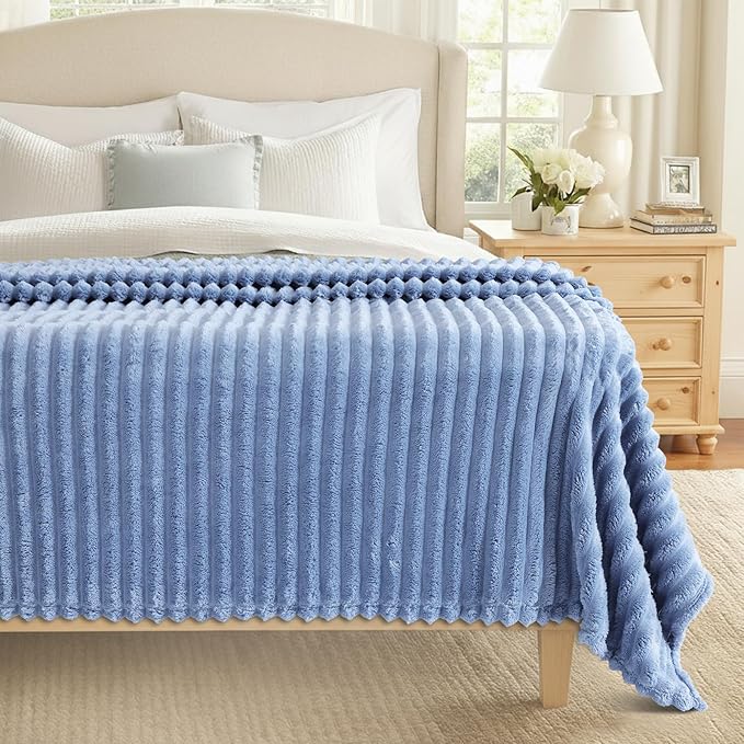 decorUhome Christmas Soft Fleece Blue Grey Throw Blanket for Couch, Cozy Fluffy Plush Flannel Striped Blanket for Sofa Bed, Lightweight Decorative Ribbed Fuzzy Blanket for Woman, 50x60 Inches
